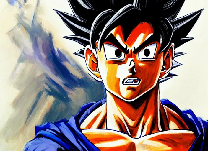 Image similar to a highly detailed beautiful portrait of goku, by gregory manchess, james gurney, james jean