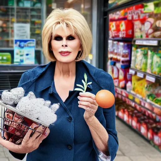 Image similar to a beautiful portait for joanna lumley selling eggs outside a co - operative store during world war 4, epic, beautiful, monumental, 4 k, mexican, victorian,