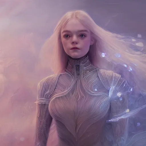 Image similar to a professional painting of Elle Fanning, clothed in ethereal armor, porcelain white skin, long blonde hair, beautiful bone structure, symmetrical facial features, intricate, elegant, digital painting, concept art, smooth, sharp focus, illustration, from Valerian and the City of a Thousand Planets, by Ruan Jia and Mandy Jurgens and Artgerm and William-Adolphe Bouguerea