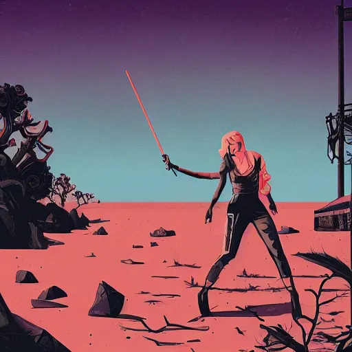 Prompt: a comic noir illustration of a woman hunting zombies in a post - apocalyptic desert, by queens of the stone age, by sachin teng, by tristan eaton, by victo ngai, artgerm, rhads, ross draws, 8 k, hyperrealistic, high contrast, dark vibes, pastel lighting, depth of field