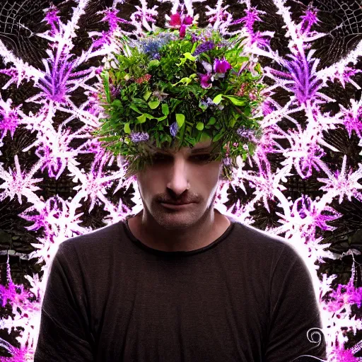 Image similar to an man, stern face, clear eyes, shining armour made of steel and flowers, and fractal flowery hair in a fractal garden, glowing delicate flower and ferns that grow in a dark fatansy forest on the planet pandora,