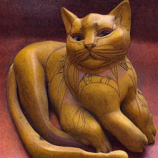 Prompt: cloisonne cat sculpture from a lost civilization, by annie swynnerton and diego rivera and nicholas roerich and jean delville and charlie bowater, symbolist, dramatic lighting, god rays, art brut, rich colors, smooth sharp focus, extremely detailed, adolf wolfli and ( donato giancola and bilibin )