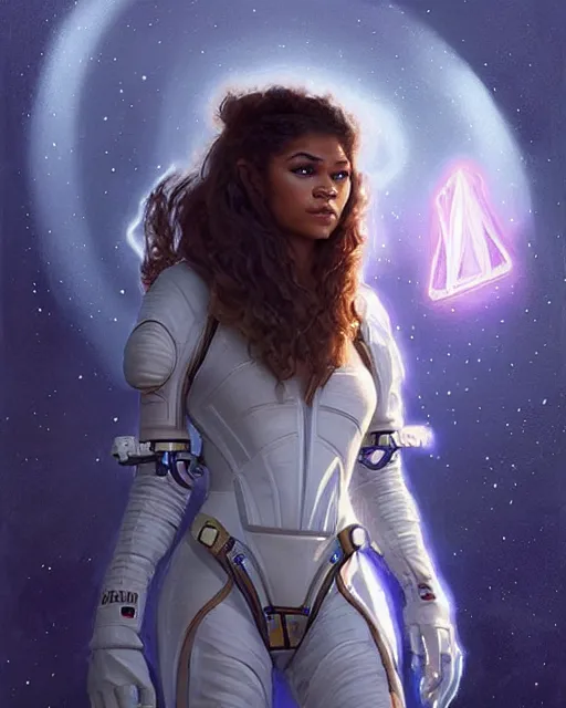 Image similar to zendaya has a fearful look in a space suit floating through the darkness of space, deep focus, D&D, fantasy, intricate, elegant, highly detailed, digital painting, artstation, concept art, matte, sharp focus, illustration, hearthstone, art by Artgerm and Greg Rutkowski and Alphonse Mucha