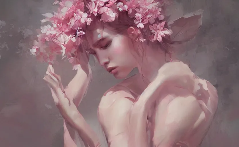 Prompt: a painting of a nymph 🌸🌸🌸 trending on artstation in the style of greg rutkowski, sensuality, fashion