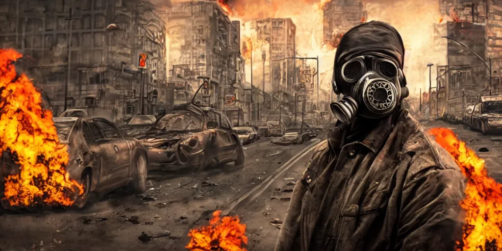 Image similar to post - apocalyptic city streets, close - up shot of an anarchist with a gasmask, burning cars, explosions, acid color smoke, hyperrealistic, gritty, damaged, urban photography, photorealistic, high details