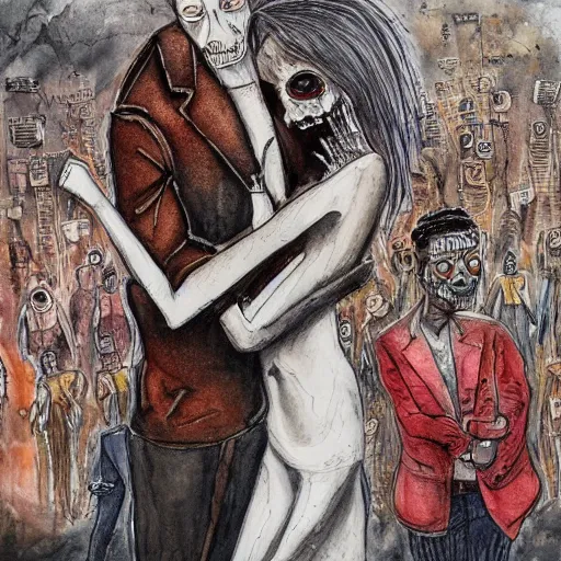 Prompt: terrifying, apocalyptic by george pemba watercolor & pen. a beautiful mixed mediart of a man & a woman in a passionate embrace. the woman is wearing a white dress & the man is wearing a black suit. they are surrounded by a crowd of people who are cheering & clapping.