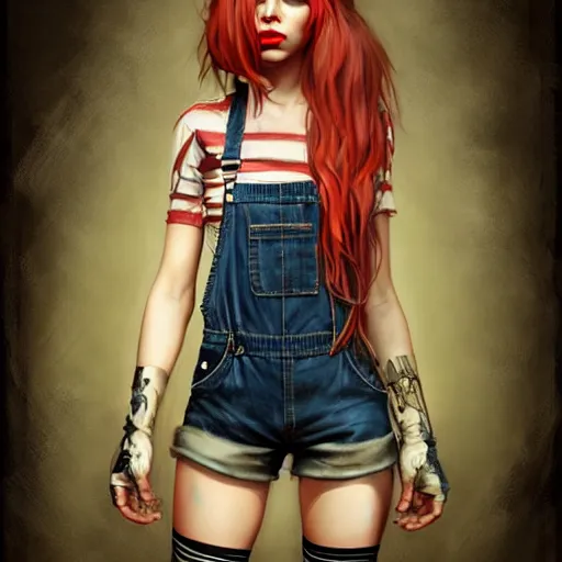 Prompt: full body pose, grungy alice, torn overalls, short shorts, gloves, combat boots, fishnets, beautiful, highly detailed face, true anatomy!, extremely detailed!, digital painting, unreal engine 5, art by tom bagshaw