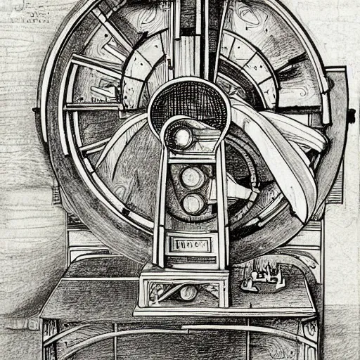 Prompt: music machine designed by di fate drawn by da vinci, detailed pen and ink illustration