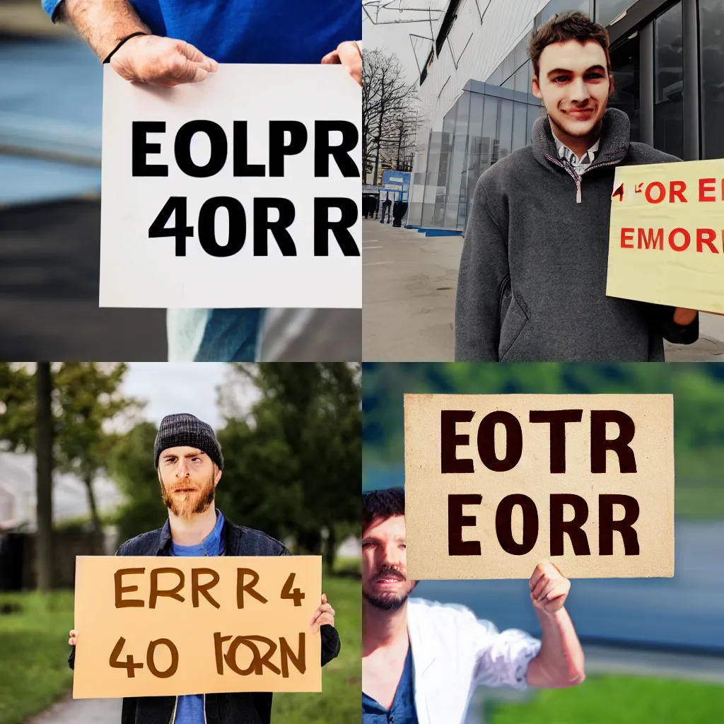 Prompt: photo of man holding a sign with text that reads : error 4 0 4