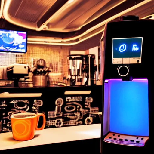 Prompt: a cyberpunk coffee machine, neon lights, vaporware colors.