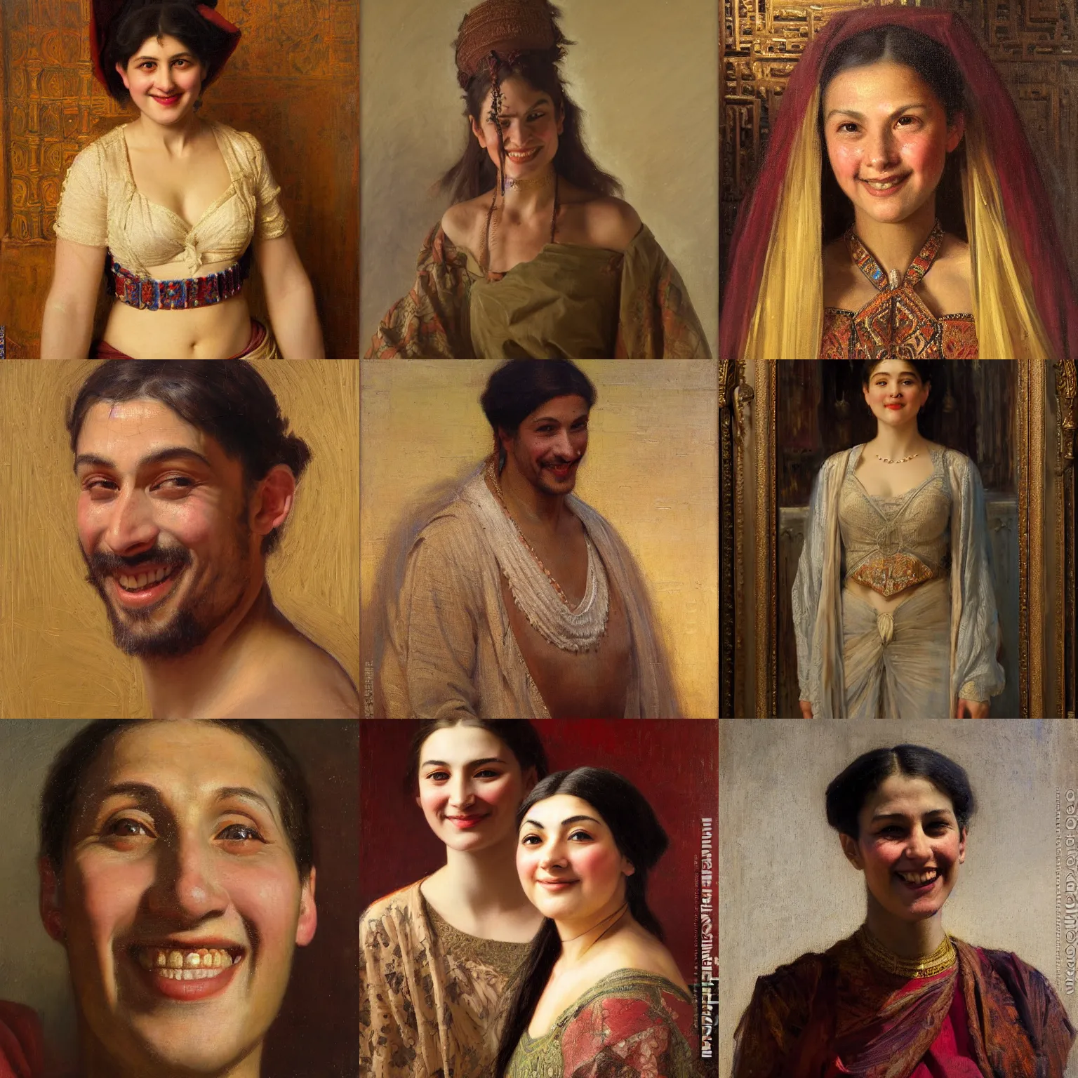 Prompt: orientalism face portrait deranged smile by Edwin Longsden Long and Theodore Ralli and Nasreddine Dinet and Adam Styka, masterful intricate art. Oil on canvas, excellent lighting, high detail 8k