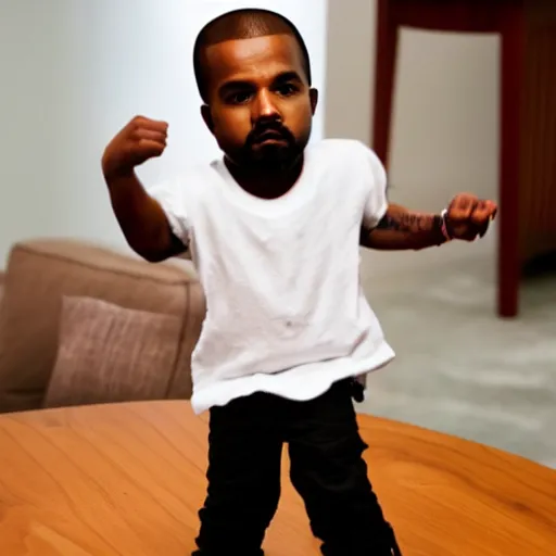 Image similar to mini kanye west dancing on a table