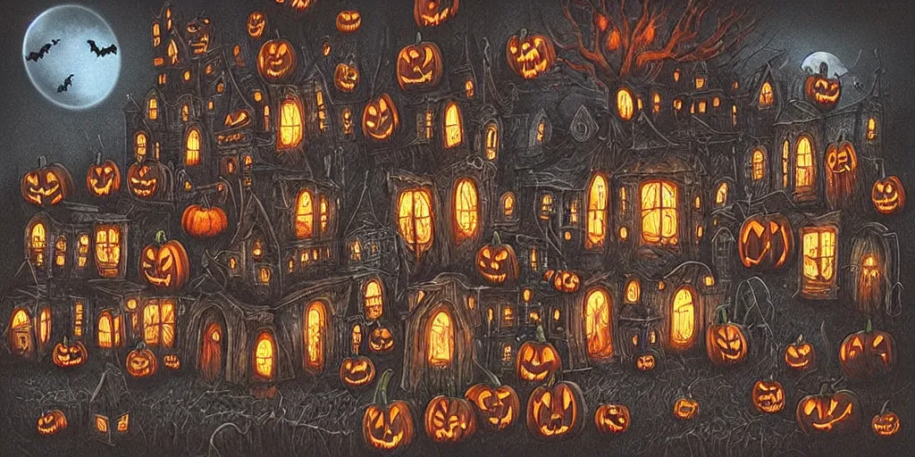 Prompt: “Halloween town created by Tim burton spooky dark orange tones fantasy”