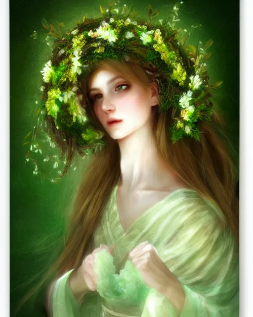 Prompt: the goddess of spring, with a wreath on her head and a green gauze skirt, dreamy, beautiful, by wlop