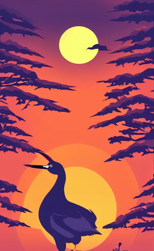 Prompt: fresh poker card design, vector, solid colors, a huge japanese crane bird is chilling above a lake in the middle of a forest of japanese pines, a big red sun in the background, clean elements, trending on kickstarter