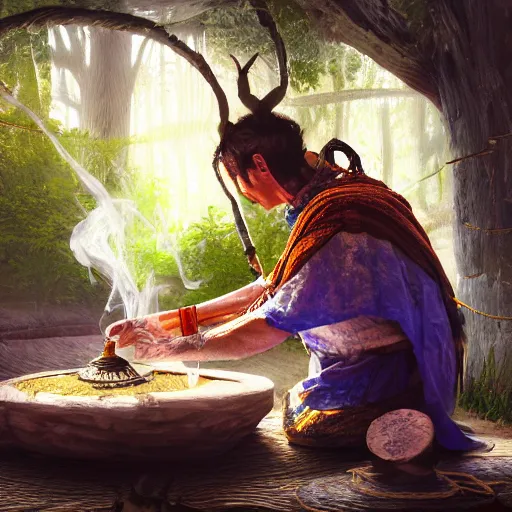 Image similar to a shaman preparing a magic decoction in a dreamy atmosphere, 4 k, 3 d, digital painting