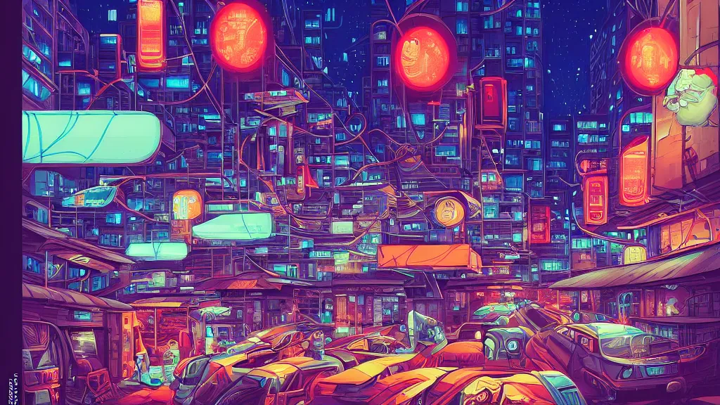 Image similar to street view of the city at night by cyril rolando and naomi okubo and dan mumford and zaha hadid. robots. flying cars. advertisements. neon. night train.