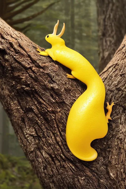 Image similar to A brilliant yellow banana slug with deer antlers, poised magnificently on a tree stump deep in a redwood forest, magical, deep woods, octane render, 8k,realism, insanely detailed, intricate, natural lighting, illustrated by TamberElla, national geographic wildlife photography, digital art, fantasy creature, realistic Trending on artstation, artstationHD, artstationHQ, 4k, 8k