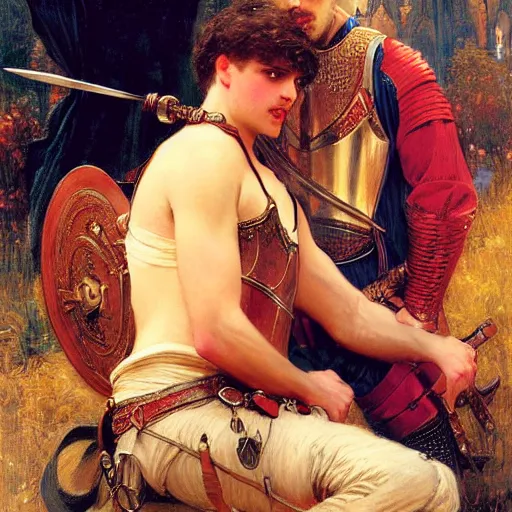 Image similar to attractive fully clothed arthur pendragon confesses his love for his attractive fully clothed male knight. highly detailed painting by gaston bussiere and j. c. leyendecker 8 k