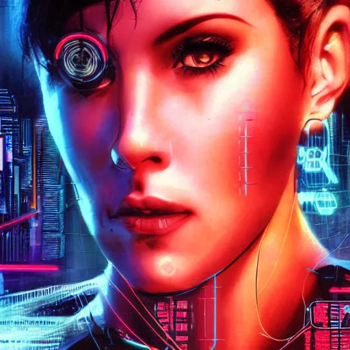 Image similar to Molly from the novel Neuromancer, beautiful woman, augmented eye implants, portrait shot, wires, cyberpunk, dramatic light, cyberpunk city in the background, movie illustration, poster art by Drew Struzan