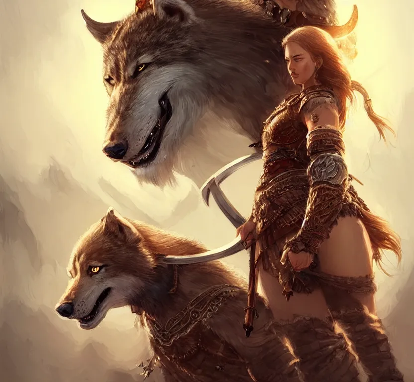 Image similar to a gorgeous!! woman resembling alicia vikander as a viking warrior accompanied by a dire wolf | drawn by wlop, drawn by jeehyung lee, drawn by argerm | intricate, highly detailed, ultra graphics, digital painting, artstation