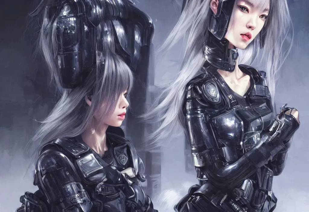 Prompt: portrait lisa blackpink + medium grey hair of futuristic police girl, black armored uniform, at futuristic cyberpunk tokyo night, ssci - fi and fantasy, intricate and very very very beautiful, highly detailed, digital painting, artstation, concept art, smooth and sharp focus, illustration, art by tian zi and wlop and alphonse mucha
