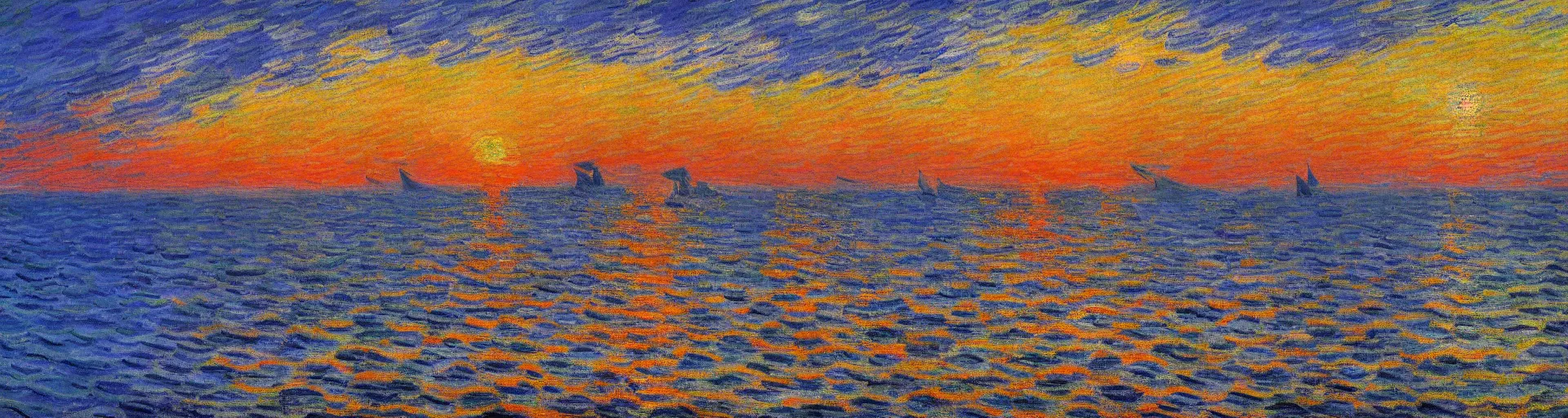 Image similar to An aesthetically pleasing, dynamic, energetic, lively, well-designed digital art of the ocean at sunset, light and shadow, by Claude Monet and Vincent Van Gogh, superior quality, masterpiece, excellent use of negative space. 8K, superior detail.