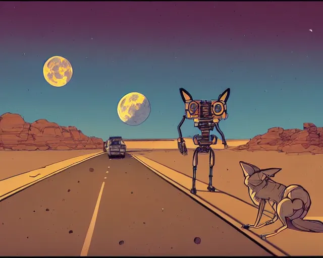 Image similar to a study of cell shaded cartoon of a six legged mechanical coyote on a desert road, in front of a big moon illustration, wide shot, subtle colors, post grunge, concept art by josan gonzales and wlop, david rubin, mike mignola, laurie greasley, highly detailed, sharp focus, trending on artstation, hq, deviantart, art by artgem