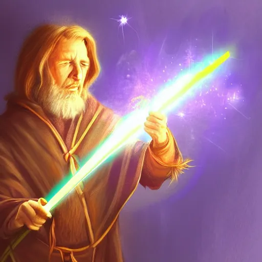 Image similar to A wizard holding a wand casting a spell of light, digital art