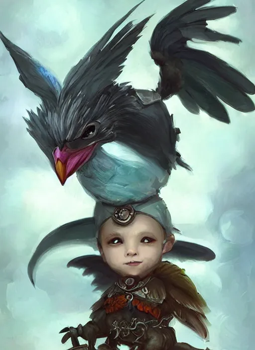 Image similar to cute little anthropomorphic crow dreamer wearing flamboyant pauldrons, tiny, small, miniature animal, baby animal, short, pale blue armor, cute and adorable, pretty, beautiful, DnD character art portrait, matte fantasy painting, DeviantArt Artstation, by Jason Felix by Steve Argyle by Tyler Jacobson by Peter Mohrbacher, cinematic lighting