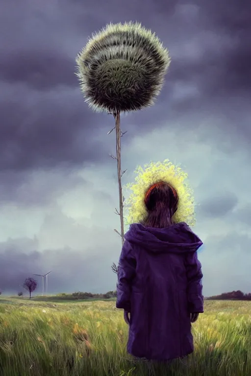 Image similar to portrait, enormous thistle flower under head, a girl in a coat in field, surreal photography, wind, cloudy sky, dramatic light, impressionist painting, digital painting, artstation, simon stalenhag