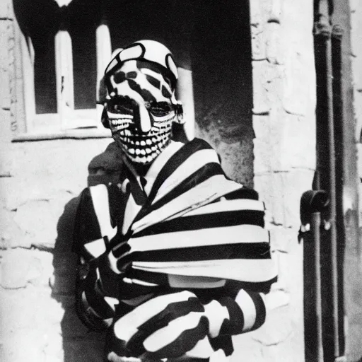 Image similar to a photo of a harlequin mime in madrid in the spanish civil war