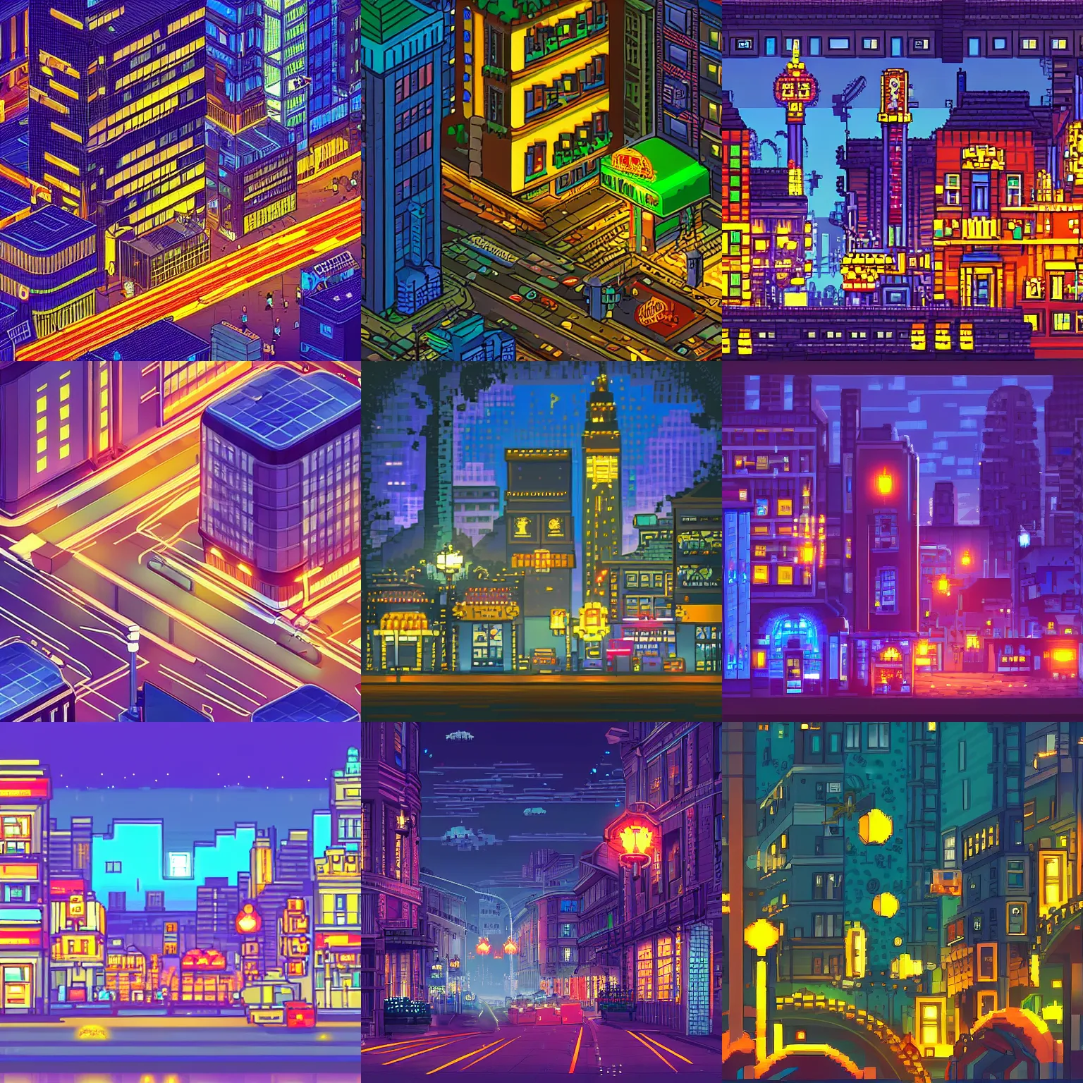 Prompt: city night ,fantastic lighting, pixel art, high detail , 16 bits, 2d