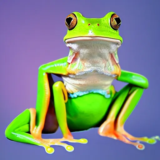 Prompt: fashion show with a super angry smiling green tree frog dressed in a pink skirt,, photo realistic, matte image