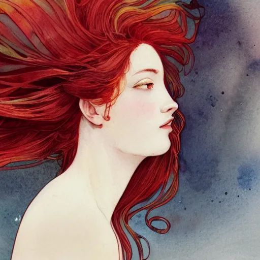 Prompt: side view a beautiful and inspiring intricate watercolor illustration artwork red hair girl, 4 k, ultra - wide angle, by william turner, by victo ngai, by alphonse mucha, by miho hirano, hd, trending on artstation, hyper detailed, muted colors, inspiring, beautiful, energetic