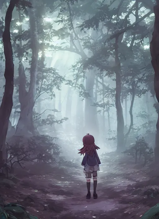 Image similar to a dark forest path, beautiful ancient trees, hiding large treasure chest, evening atmosphere, soft lens, soft light, cel - shading, animation, in the style of cgsociety, deviantart, artstation, zbrush, cinema 4 d, studio ghibli, akihiko yoshida, atelier lulua, masamune shirow