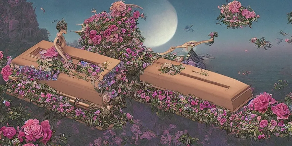 Image similar to an elaborate floating coffin adorned with flowers, evening, fantasy, regal, intricate, detailed matte painting by moebius