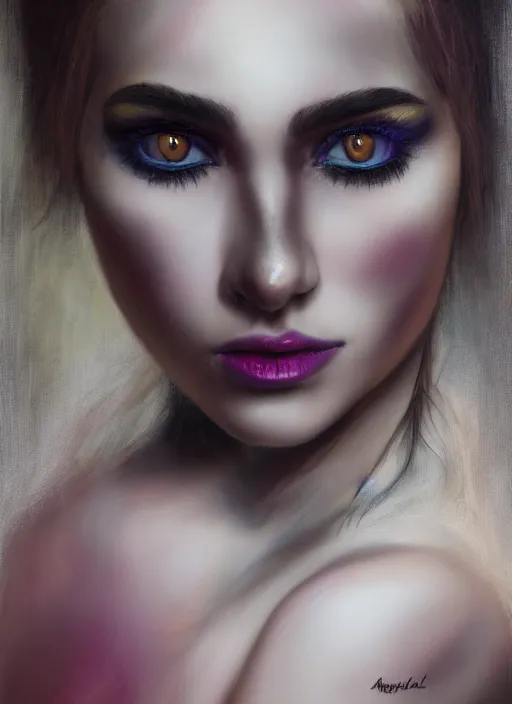 Image similar to hyper realistic, portrait, close - up, make up, dark witch, painting by ansell, mary jane, smooth, sharp focus