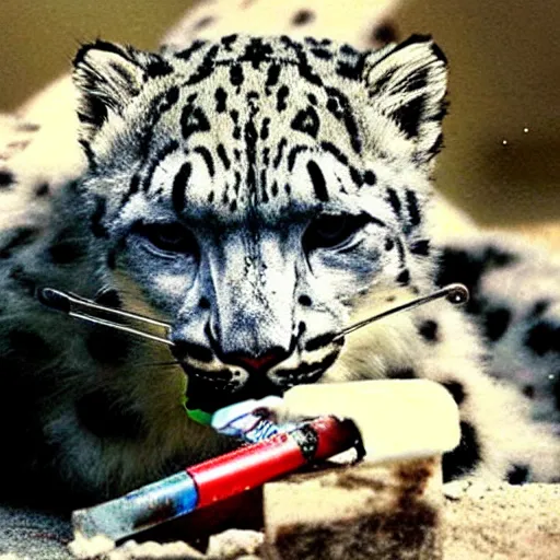 Image similar to A snow leopard with a spliff in his mouth smoking, award winning photo