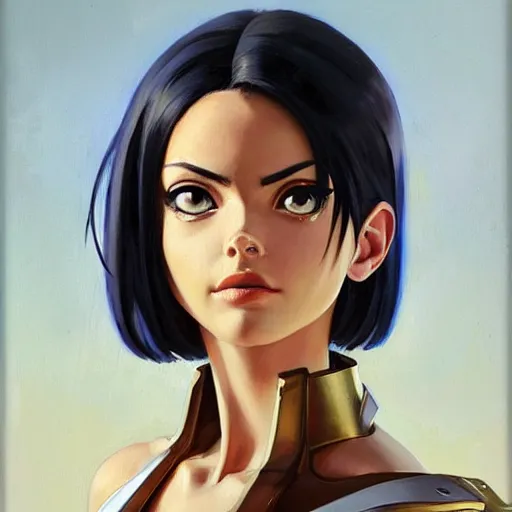 Image similar to greg manchess portrait painting of battle angel alita as overwatch character, totally whack, medium shot, asymmetrical, profile picture, organic painting, sunny day, matte painting, bold shapes, hard edges, street art, trending on artstation, by huang guangjian and gil elvgren and sachin teng