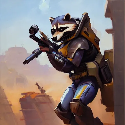 Image similar to greg manchess portrait painting of armored rocket raccoon as overwatch character, medium shot, asymmetrical, profile picture, organic painting, sunny day, matte painting, bold shapes, hard edges, street art, trending on artstation, by huang guangjian and gil elvgren and sachin teng