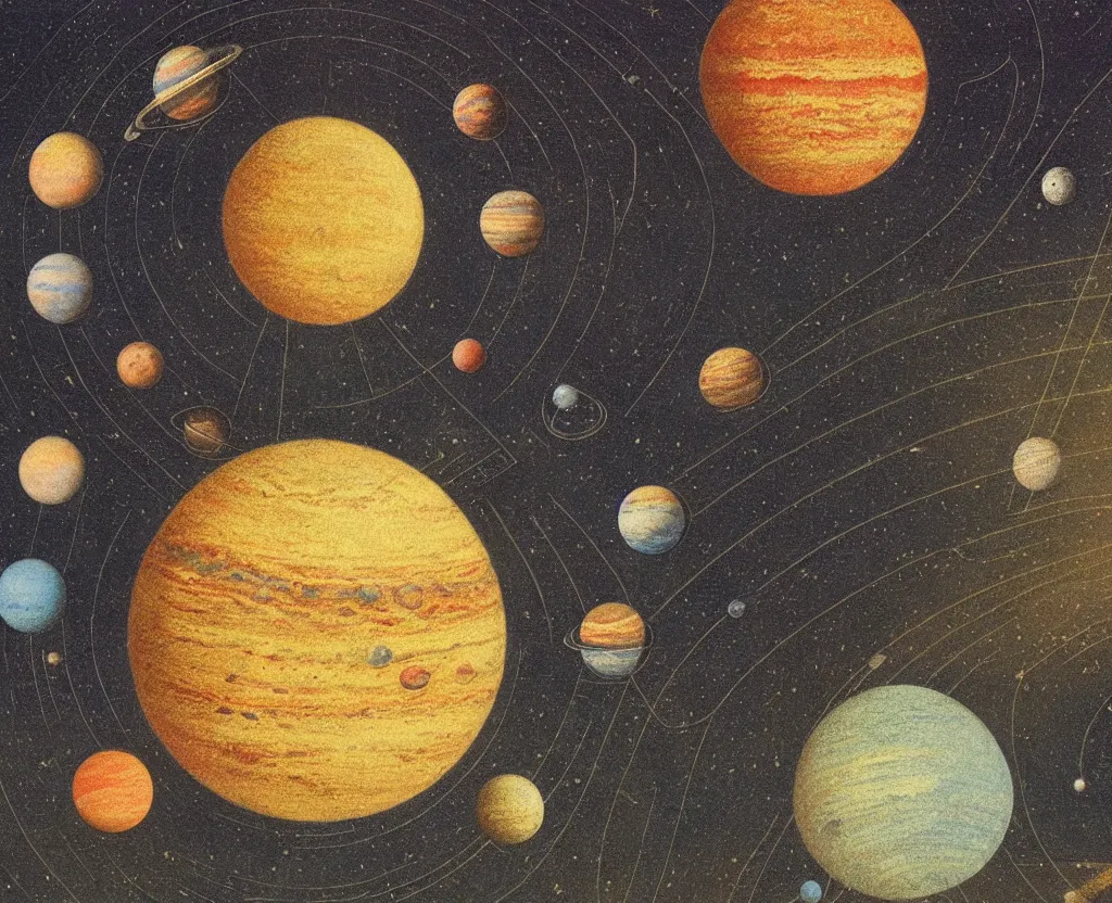 Prompt: color lithograph the solar system by adolphe millot, highly detailed