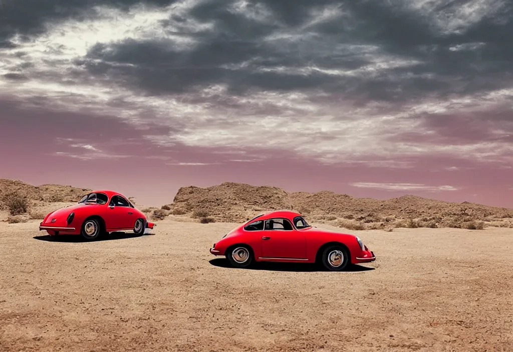 Image similar to “a single red porsche 356 is parked in the middle of the desert, a matte painting by Scarlett Hooft Graafland, featured on unsplash, australian tonalism, anamorphic lens flare, cinematic lighting, rendered in unreal engine”