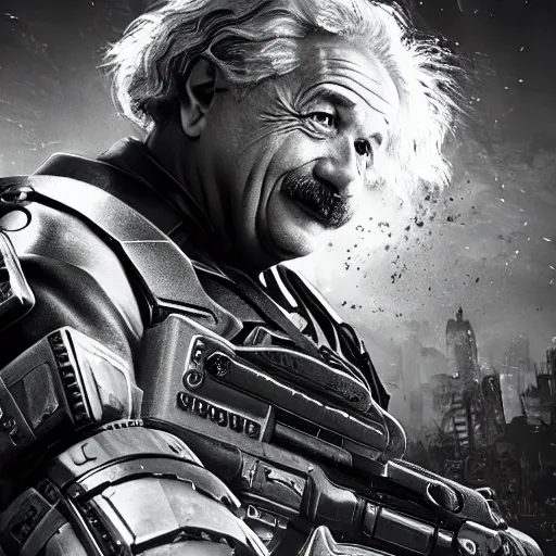 Image similar to 'Albert Einstein'! as (Batman) in Gears of War, splash art, movie still, detailed face, cinematic lighting, dramatic, octane render, long lens, shallow depth of field, bokeh, anamorphic lens flare, 8k, hyper detailed, 35mm film grain