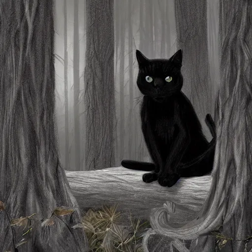 Image similar to a black cat looking curiously, there is a forest in the background, texture, intricate, details, highly detailed, masterpiece, architecture, building, trending on artstation, focus, sharp focus, concept art, digital painting, fantasy, sunny, day, midday