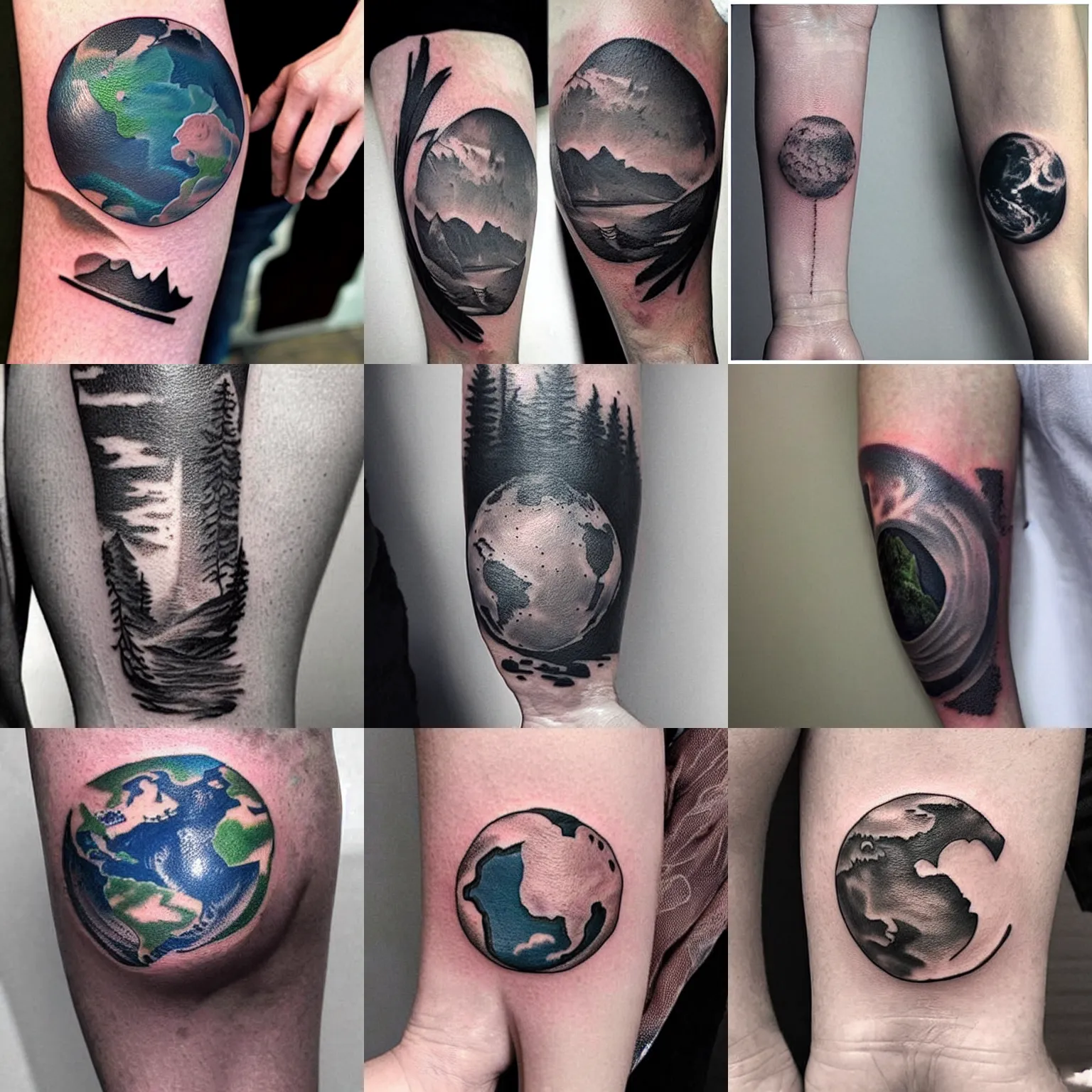 Prompt: small black tattoo of two colliding worlds, realistic, very detailed