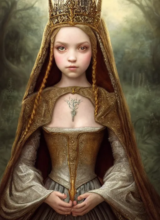 Image similar to highly detailed closeup portrait of a fairytale medieval princess, unreal engine, nicoletta ceccoli, mark ryden, lostfish, earl norem, global illumination, god rays, detailed and intricate environment