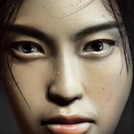 Image similar to closeup of sweating forehead with sweat on it, big drops of sweat, big beads of sweat, sweat drops, airbrush painting, forehead only, by Hajime Sorayama, trending on artstation, beautiful lighting, sharp, details, hyper-detailed, HD, HDR, 4K, 8K