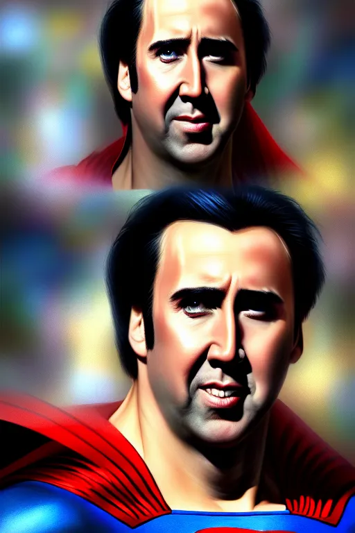 Image similar to portrait of nicolas cage as superman looking away from the camera, intricate, extremely detailed digital painting by greg rutkowski, artstation