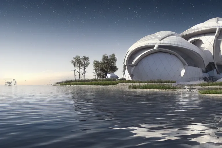 Image similar to many white round spherical buildings, it depends on each other to form a modern science fiction building ， by pierre bernard, on the calm lake, people's perspective, future, interior wood, dusk, unreal engine highly rendered, global illumination, radial light, internal environment